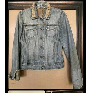 Elie Tahari Denim Jacket Crochet Detail Optional Turn Back Cuffs